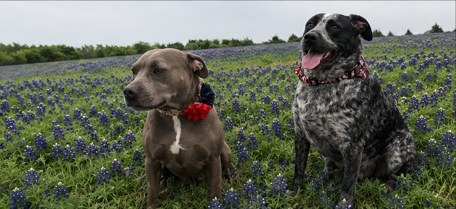 Sophie and Bleu outdoors in Texas wildflowers